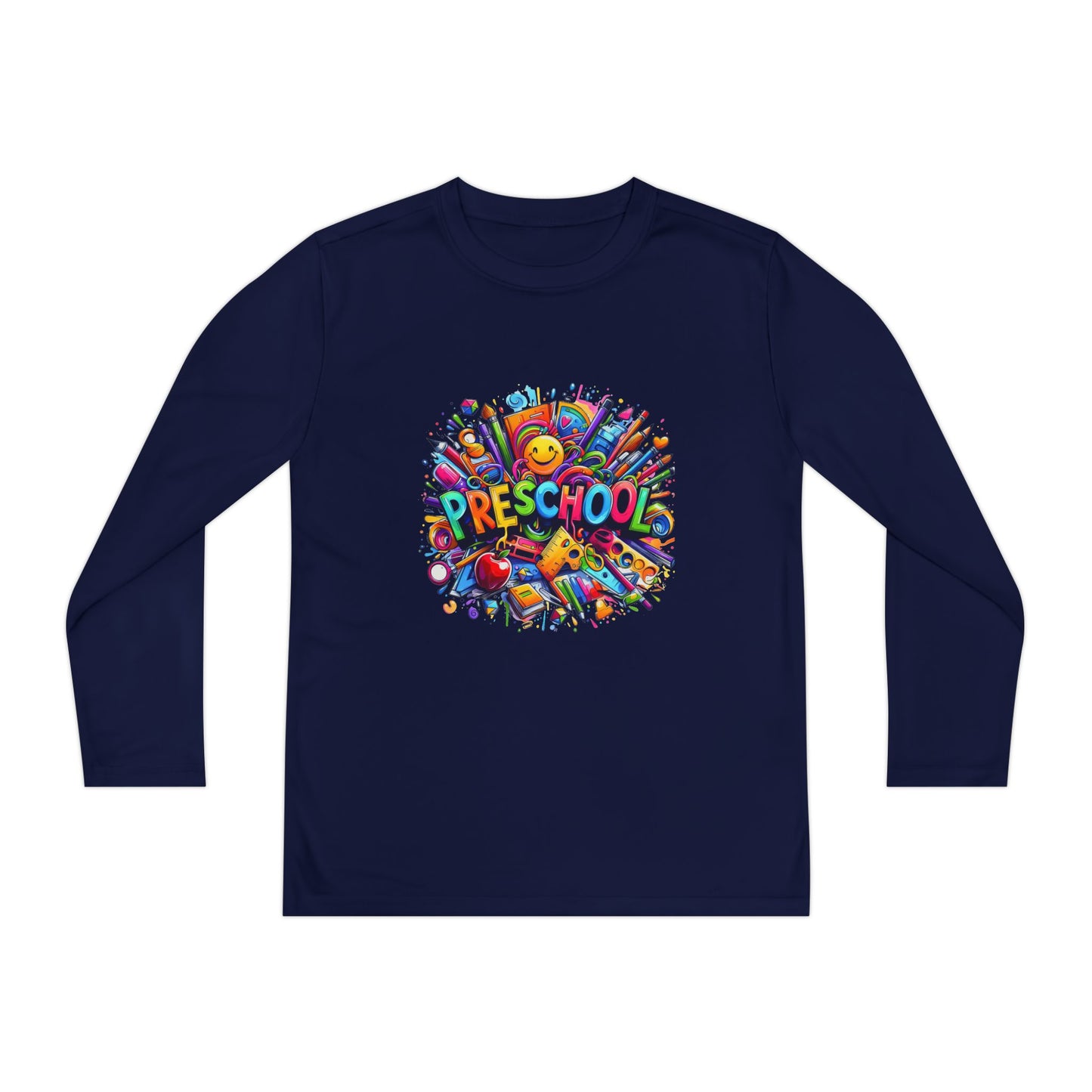 Youth Preschool Long Sleeve Tee - Colorful School Supplies Design