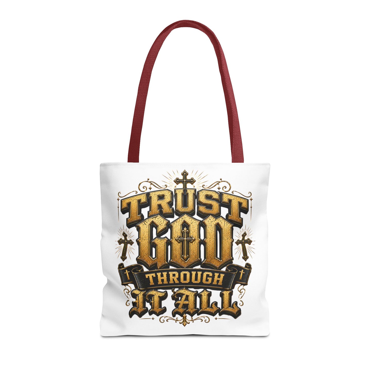Religious Tote Bag — “Trust God Through It All” Inspirational Scripture Tote