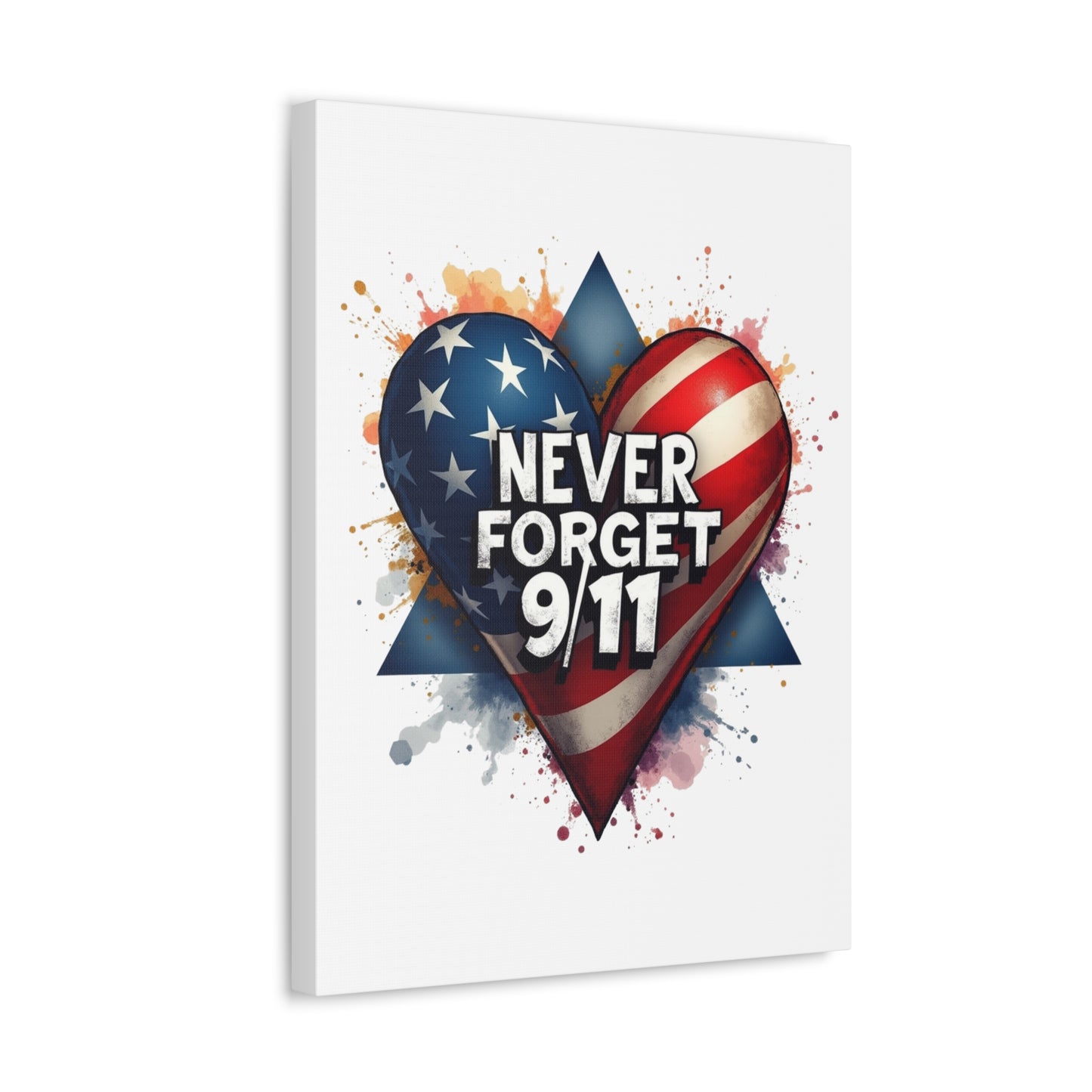 Never Forget 9/11 American Flag Heart Stretched Canvas