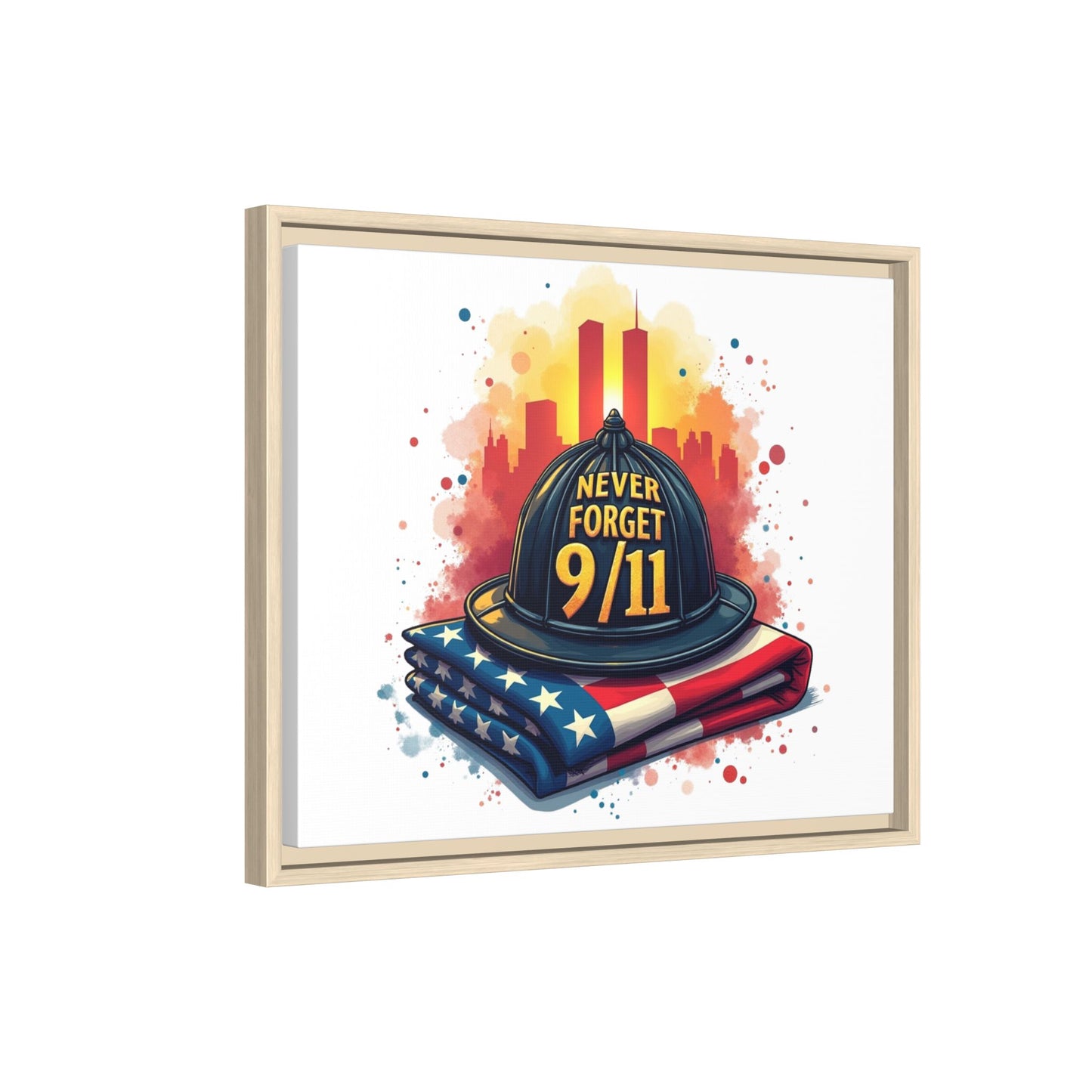 Never Forget 9/11 Framed Canvas Print — Firefighter Helmet & American Flag Memorial Art