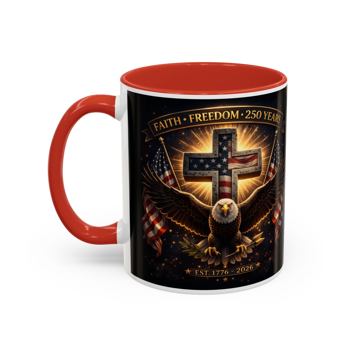 Patriotic Faith & Freedom Accent Coffee Mug — Eagle, Cross & American Flag (1776–2026)
