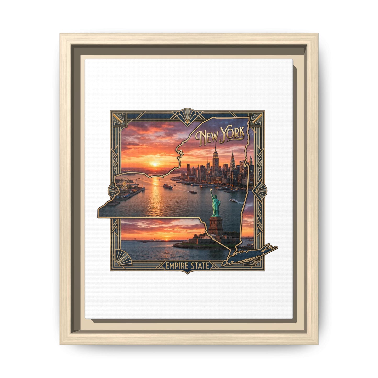 Framed Matte Canvas Wall Art — New York City Sunset Skyline with Statue of Liberty