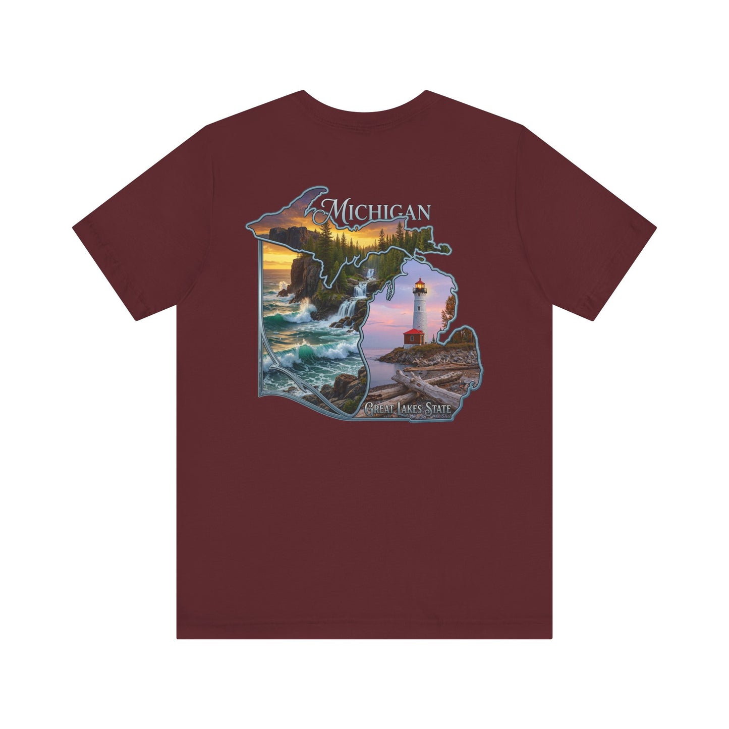 Michigan Scenic Map T-Shirt — Great Lakes Lighthouse Sunset Tee
