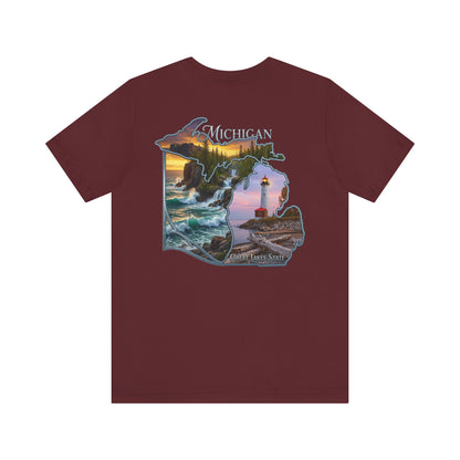 Michigan Scenic Map T-Shirt — Great Lakes Lighthouse Sunset Tee