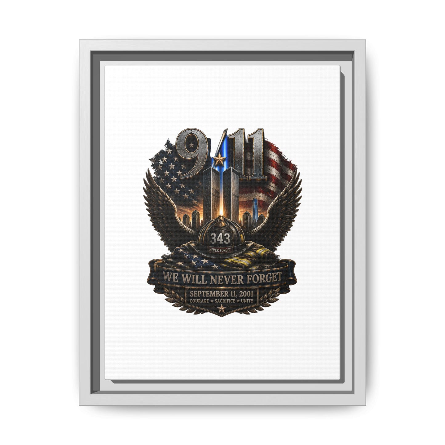 9/11 Memorial Matte Canvas Print — "We Will Never Forget" Framed Tribute