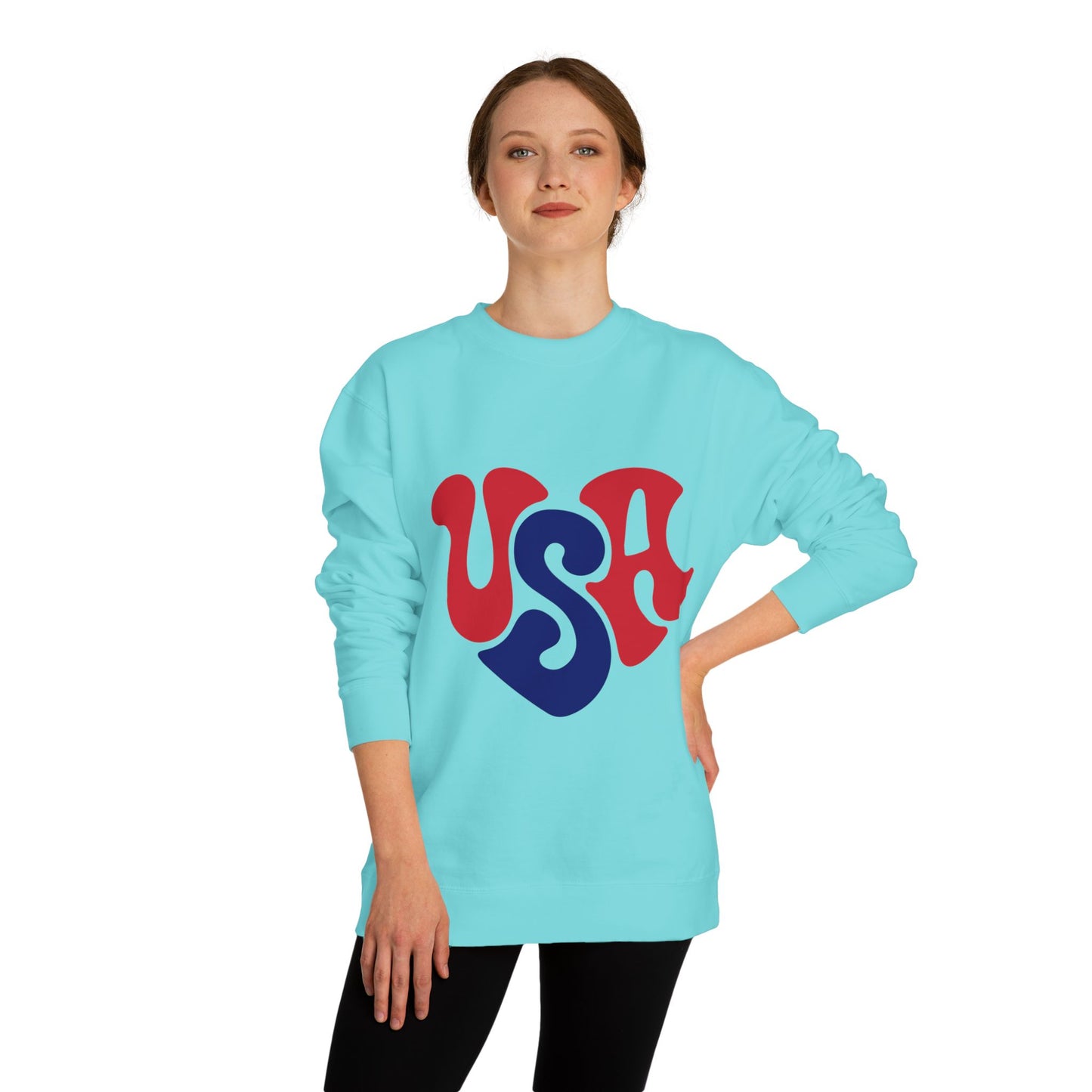 USA Heart Crewneck Sweatshirt — Retro Red & Blue Patriotic Pullover
