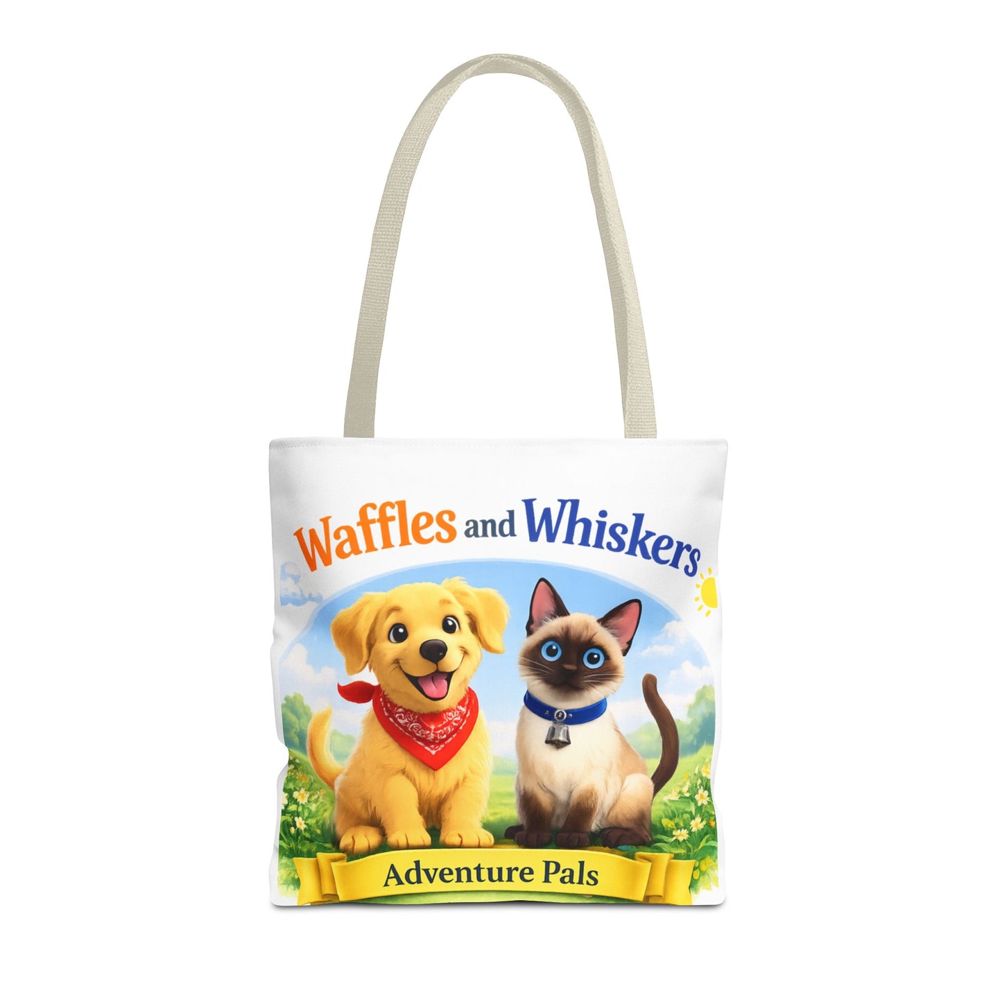 Waffles & Whiskers Adventure Pals Tote Bag — Cute Puppy and Kitten Kids Book Design