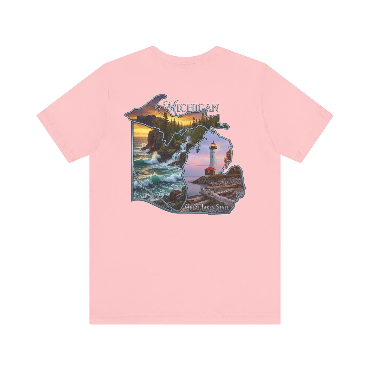 Michigan Scenic Map T-Shirt — Great Lakes Lighthouse Sunset Tee