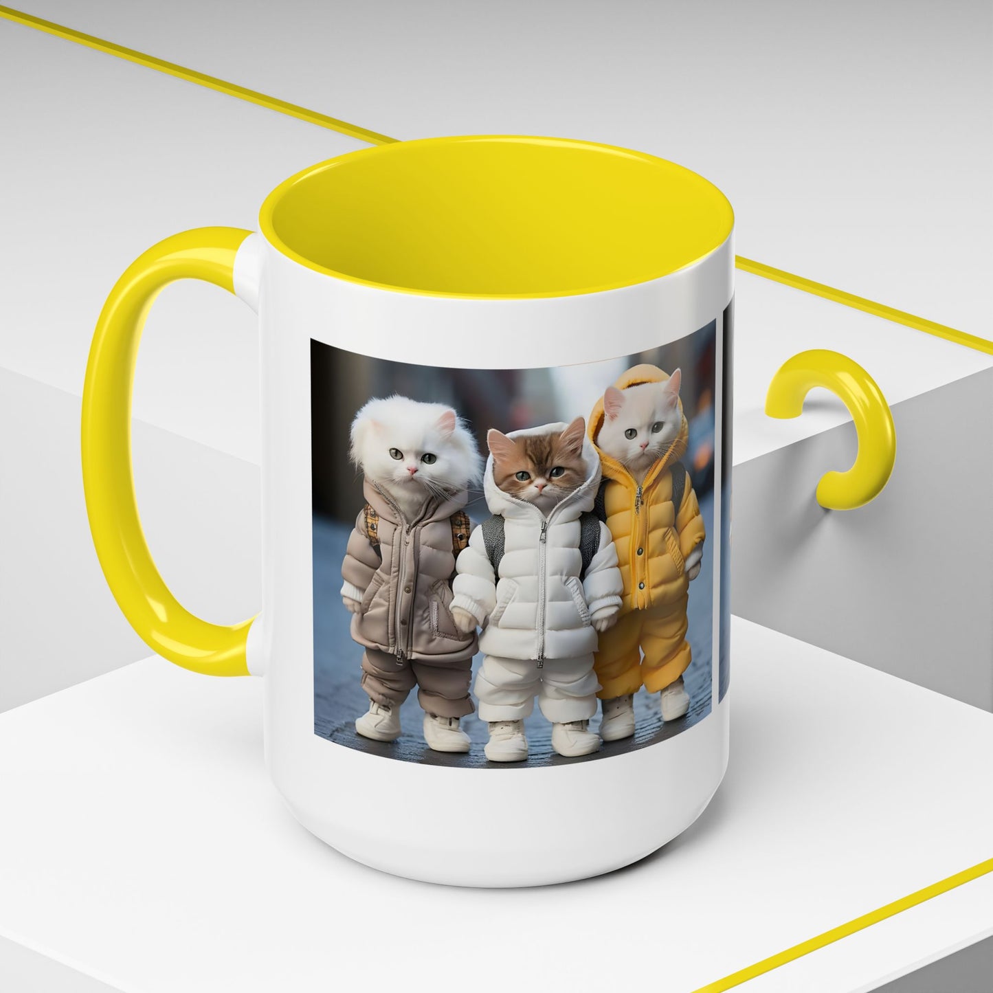 Cat Crew Accent Coffee Mug — Cute Kittens in Puffer Jackets (11/15oz)