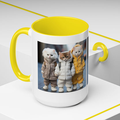 Cat Crew Accent Coffee Mug — Cute Kittens in Puffer Jackets (11/15oz)