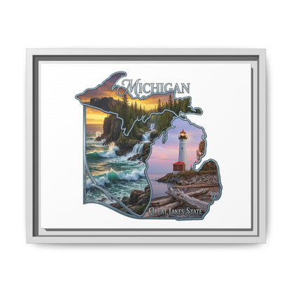Michigan Framed Canvas Wall Art — Great Lakes State Lighthouse & Shoreline Print
