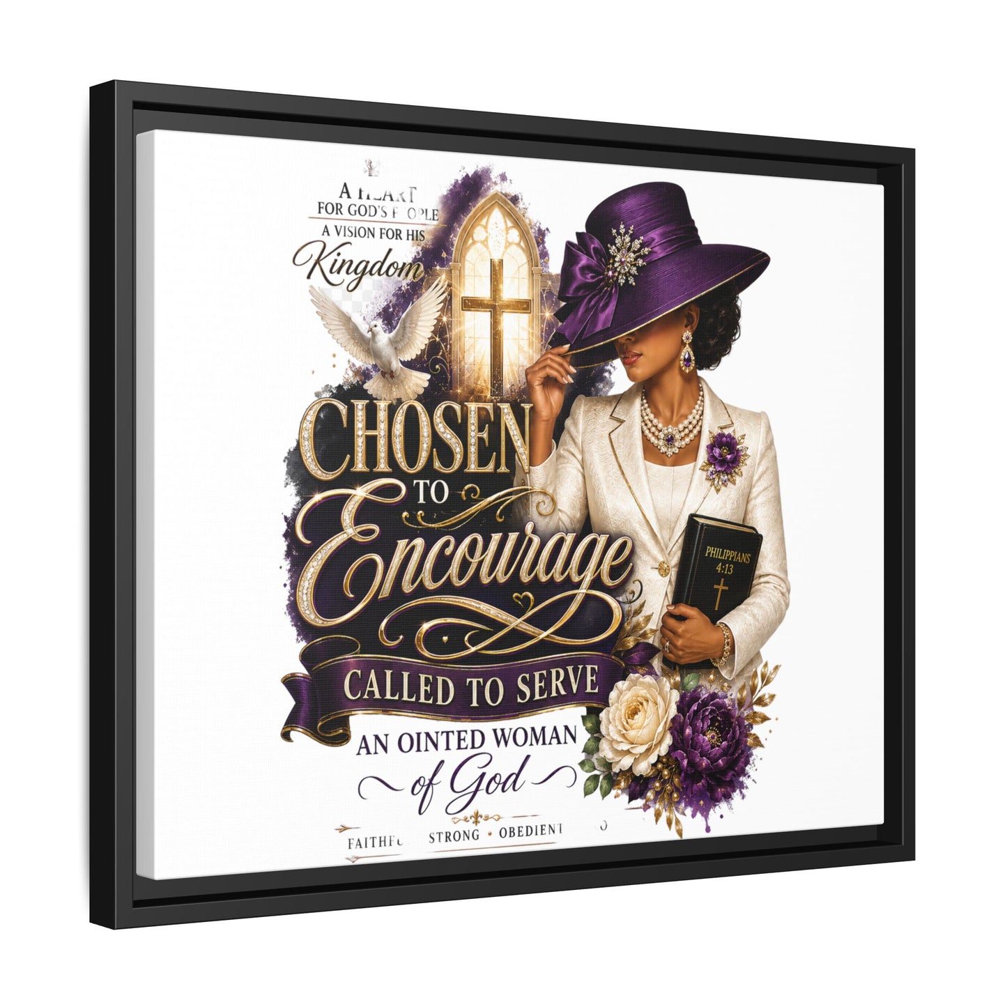 Chosen to Encourage — Framed Faith Canvas Wall Art (Called to Serve, Anointed Woman of God)