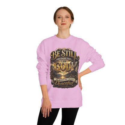 Religious Crewneck Sweatshirt — "Be Still and Know That I Am God" Peaceful Faith Design