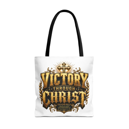 Victory Through Christ Tote Bag — Inspirational Christian Canvas Tote