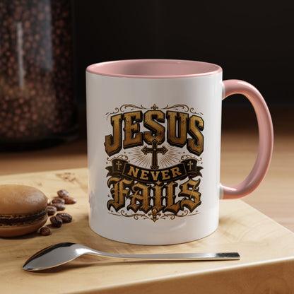 Jesus Never Fails Accent Coffee Mug — Inspirational Christian Faith 11/15oz