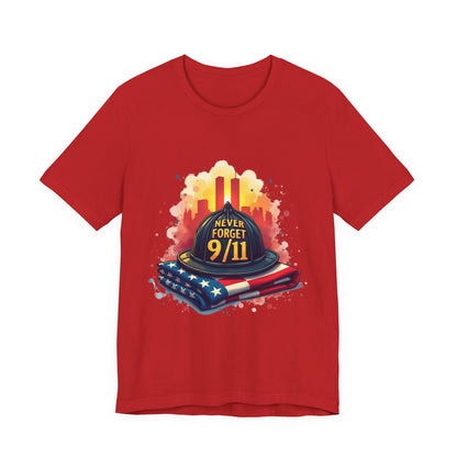 Never Forget 9/11 Memorial T-Shirt — Firefighter Helmet & Flag Tribute Tee