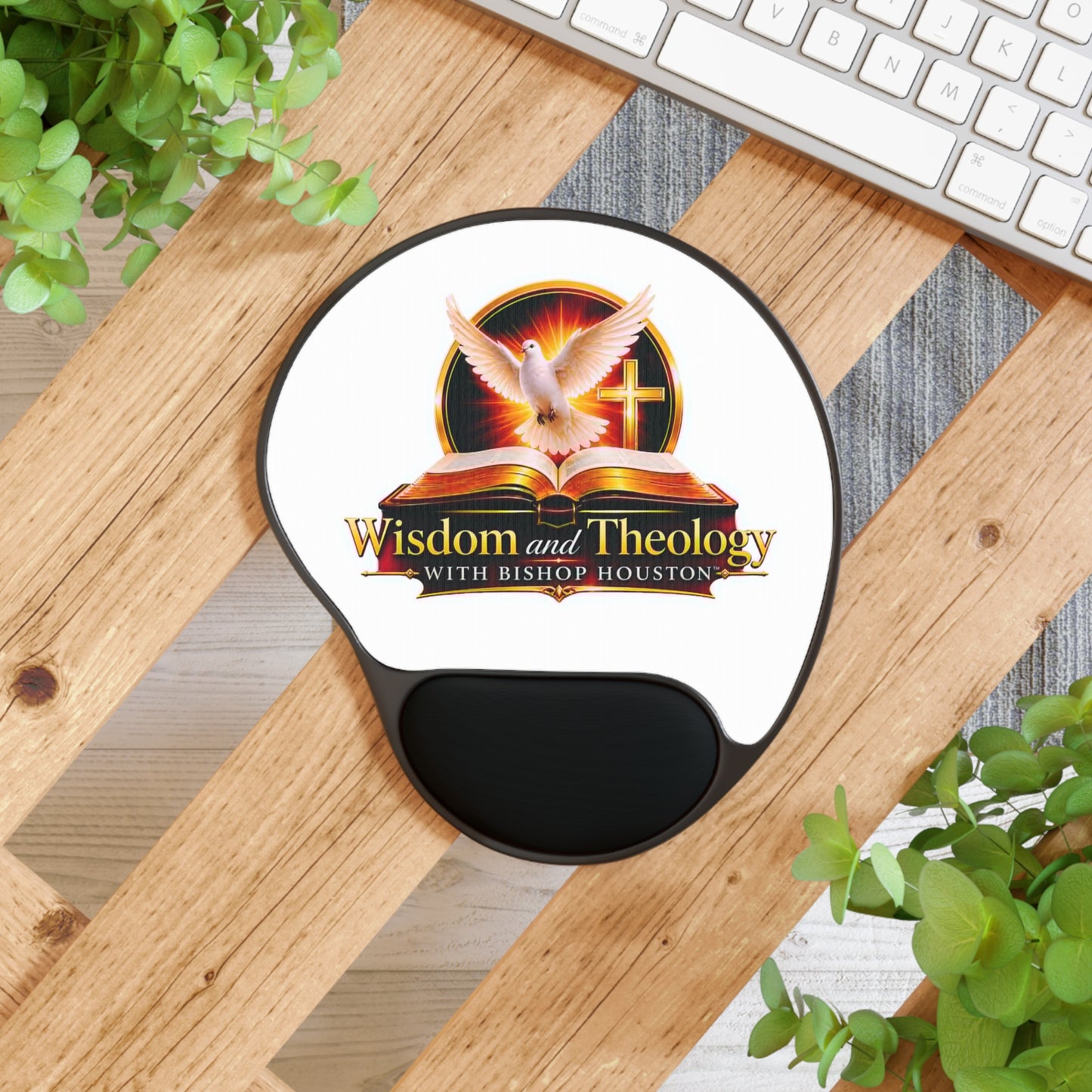 Wisdom & Theology Mouse Pad with Wrist Rest — Christian Dove & Cross Design