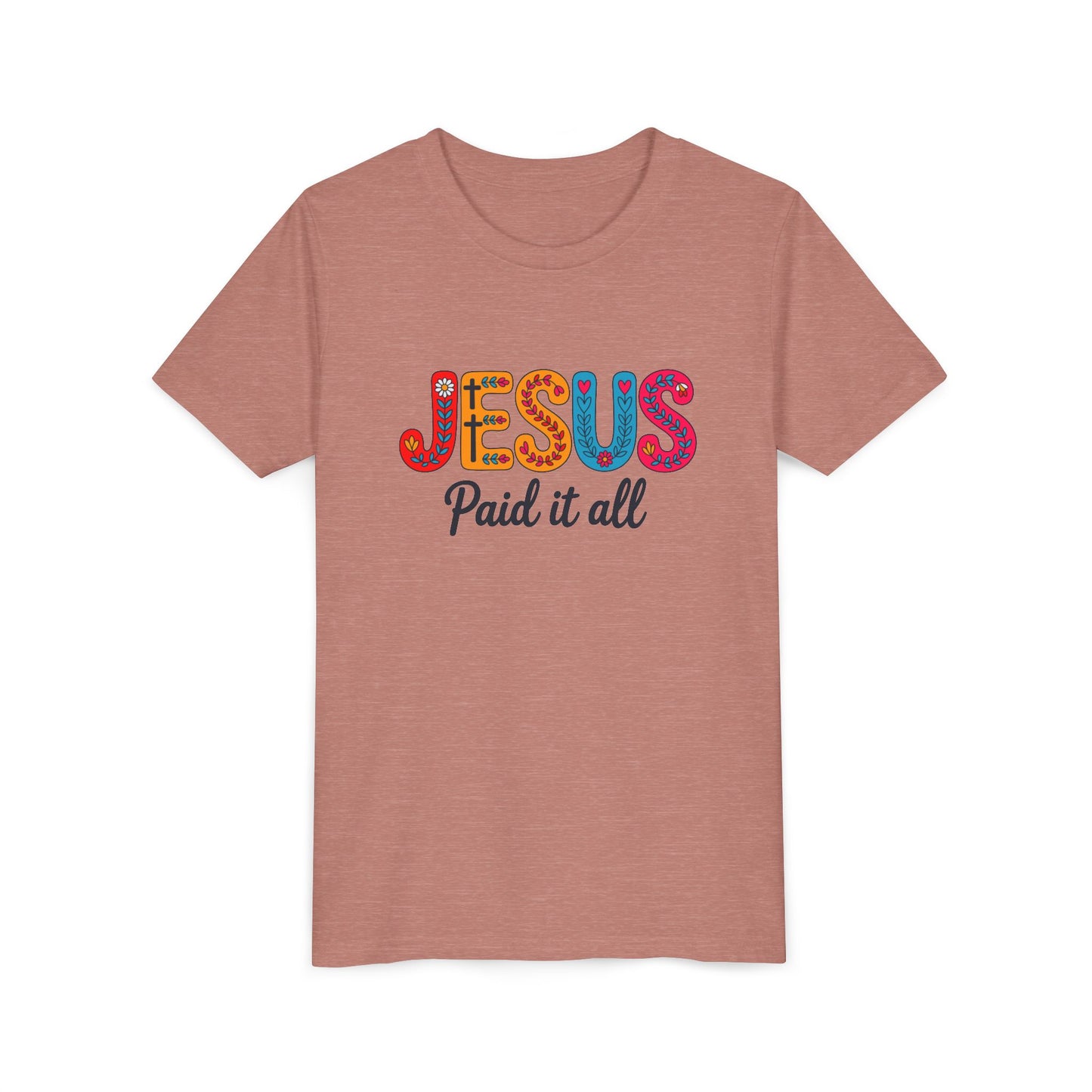 Youth Tee — "Jesus Paid It All" Colorful Faith Graphic