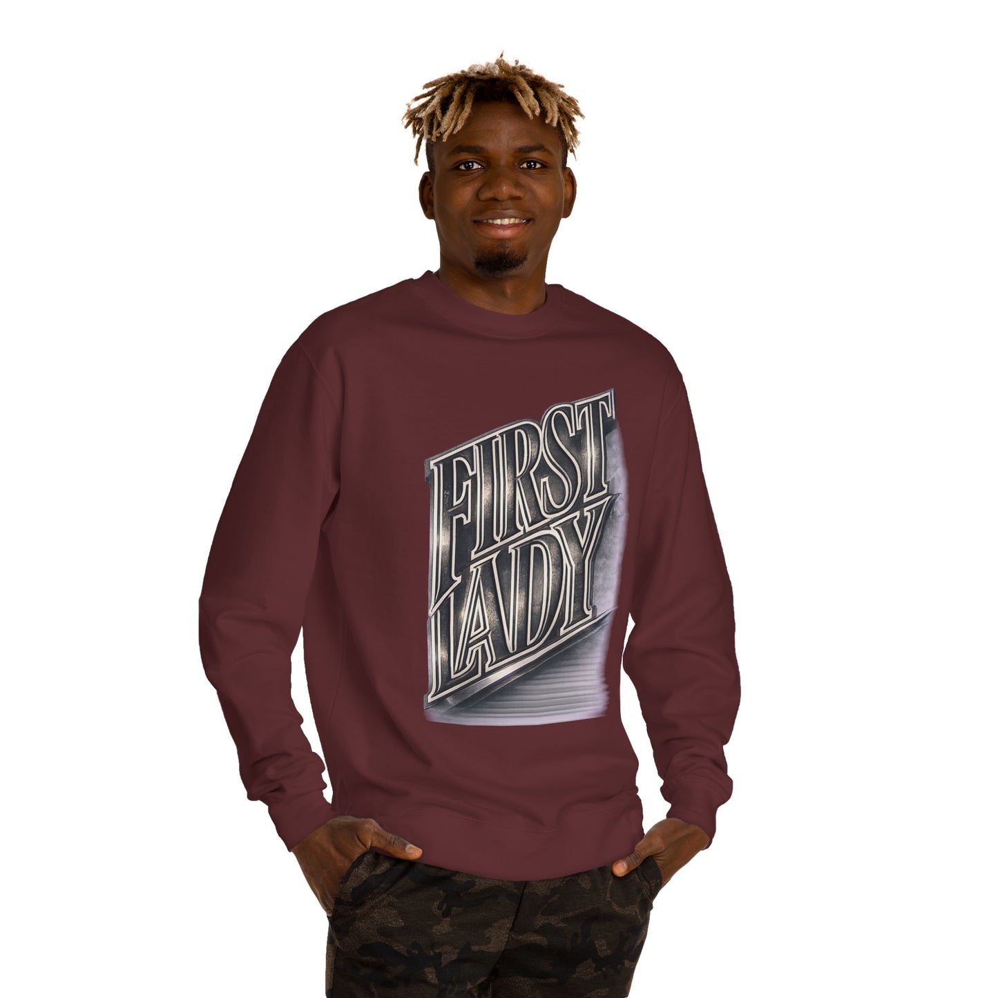 First Lady Graphic Sweatshirt — Retro Metallic Typography Crewneck