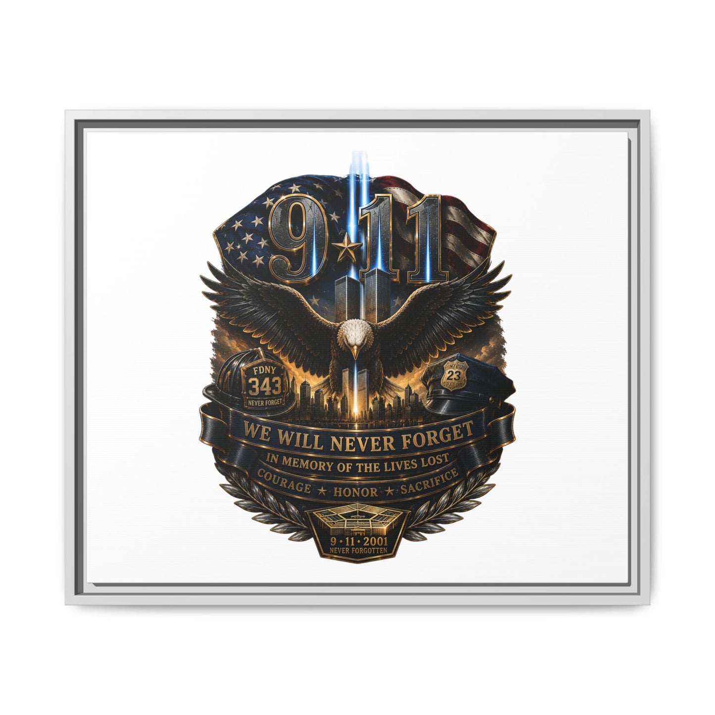 9/11 We Will Never Forget Matte Framed Canvas - Memorial Tribute Wall Art