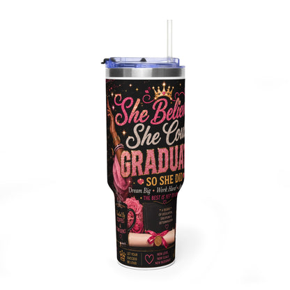 Graduation 40oz Tumbler – "She Believed She Could So She Did" Motivational Travel Cup