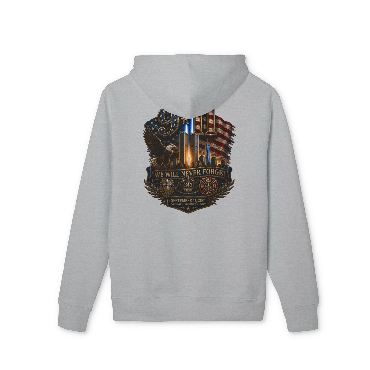 Patriotic Memorial Hoodie — "We Will Never Forget" American Flag & Thin Blue Line Design
