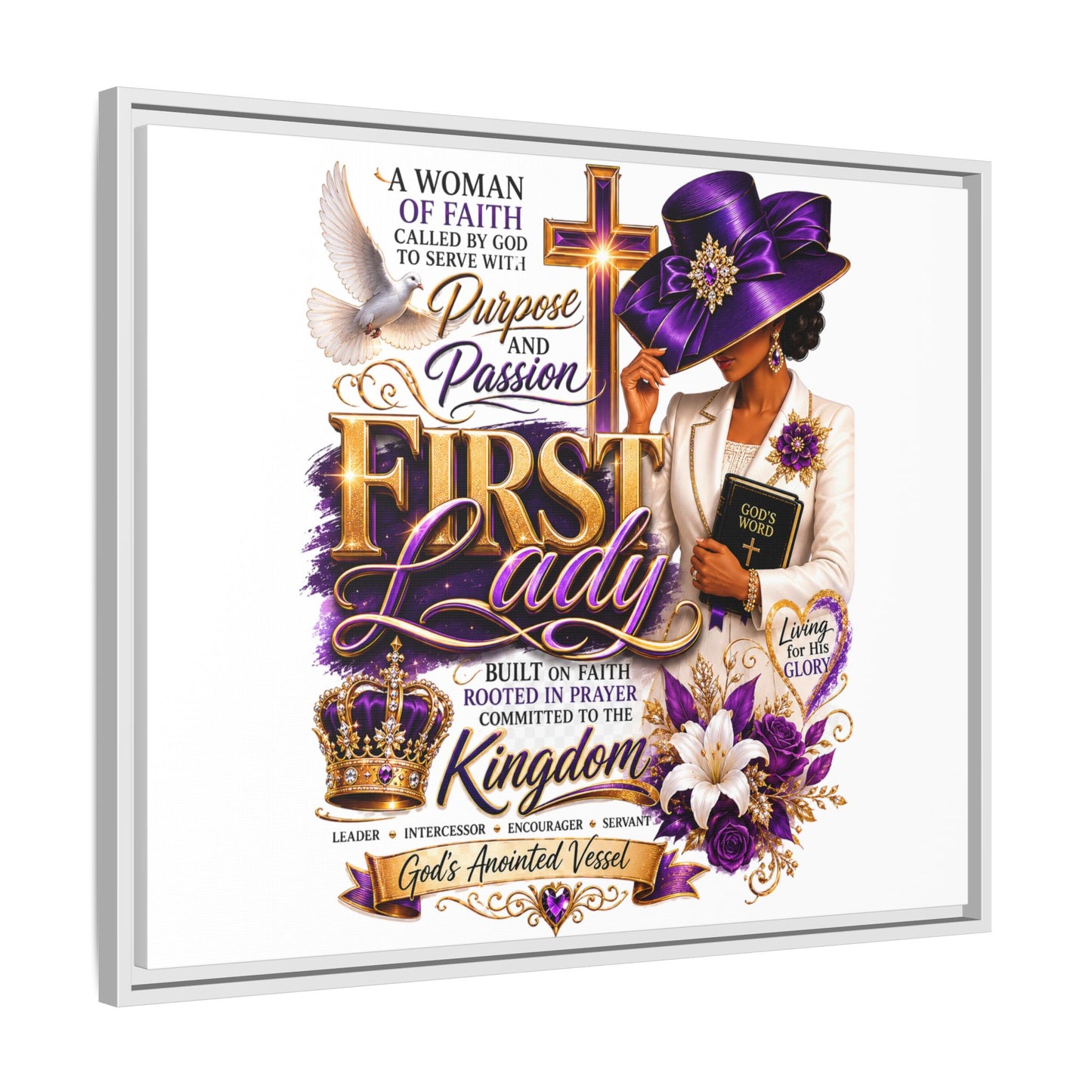 First Lady Faith Wall Art — Framed Matte Canvas (Purple & Gold)