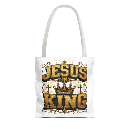 Jesus Is King Tote Bag - Christian Faith Crown Design