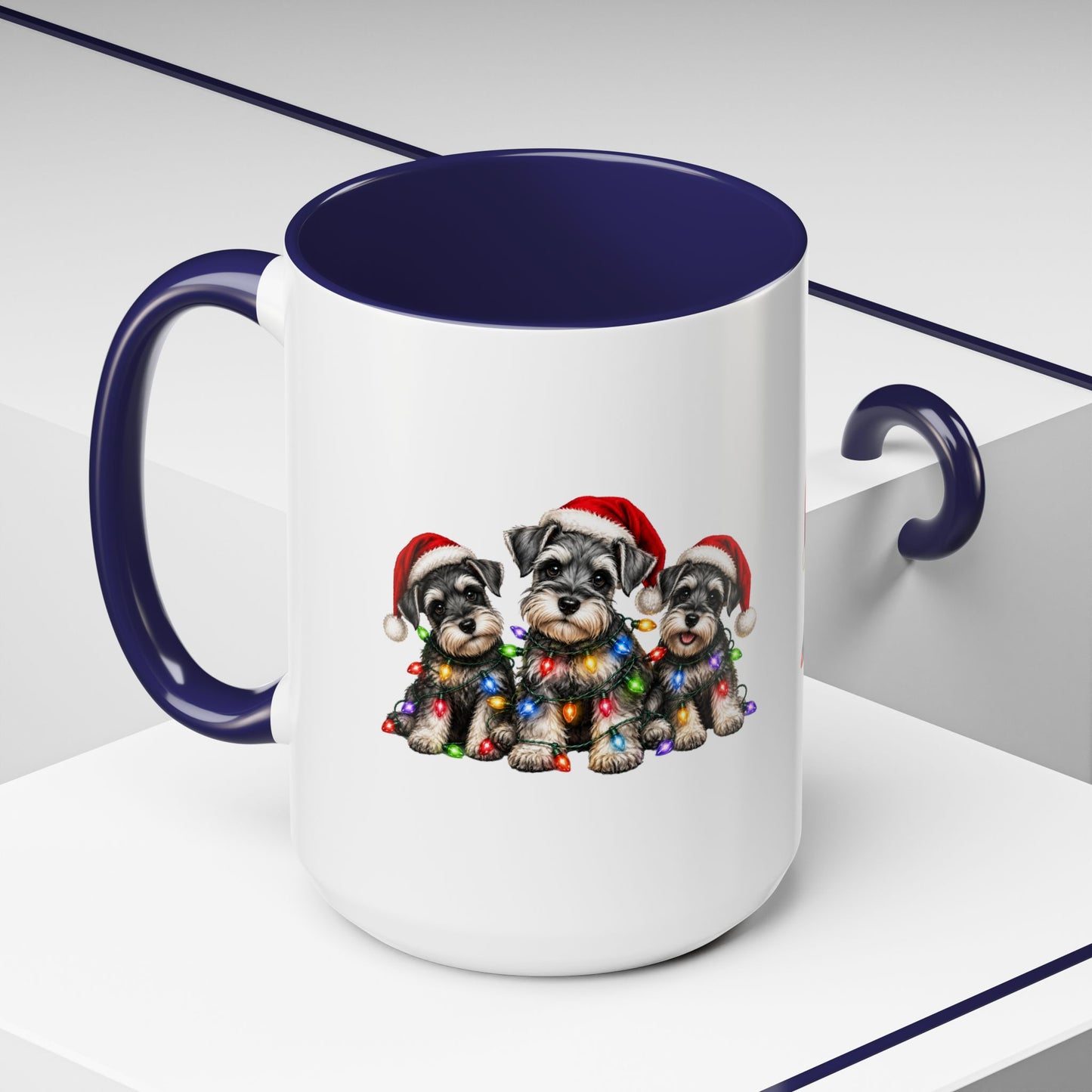 Christmas Puppy Coffee Mug — Cute Schnauzer Trio with Santa Hats & Holiday Lights (11/15oz)