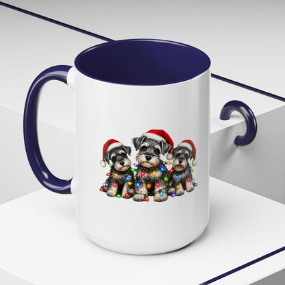 Christmas Puppy Coffee Mug — Cute Schnauzer Trio with Santa Hats & Holiday Lights (11/15oz)