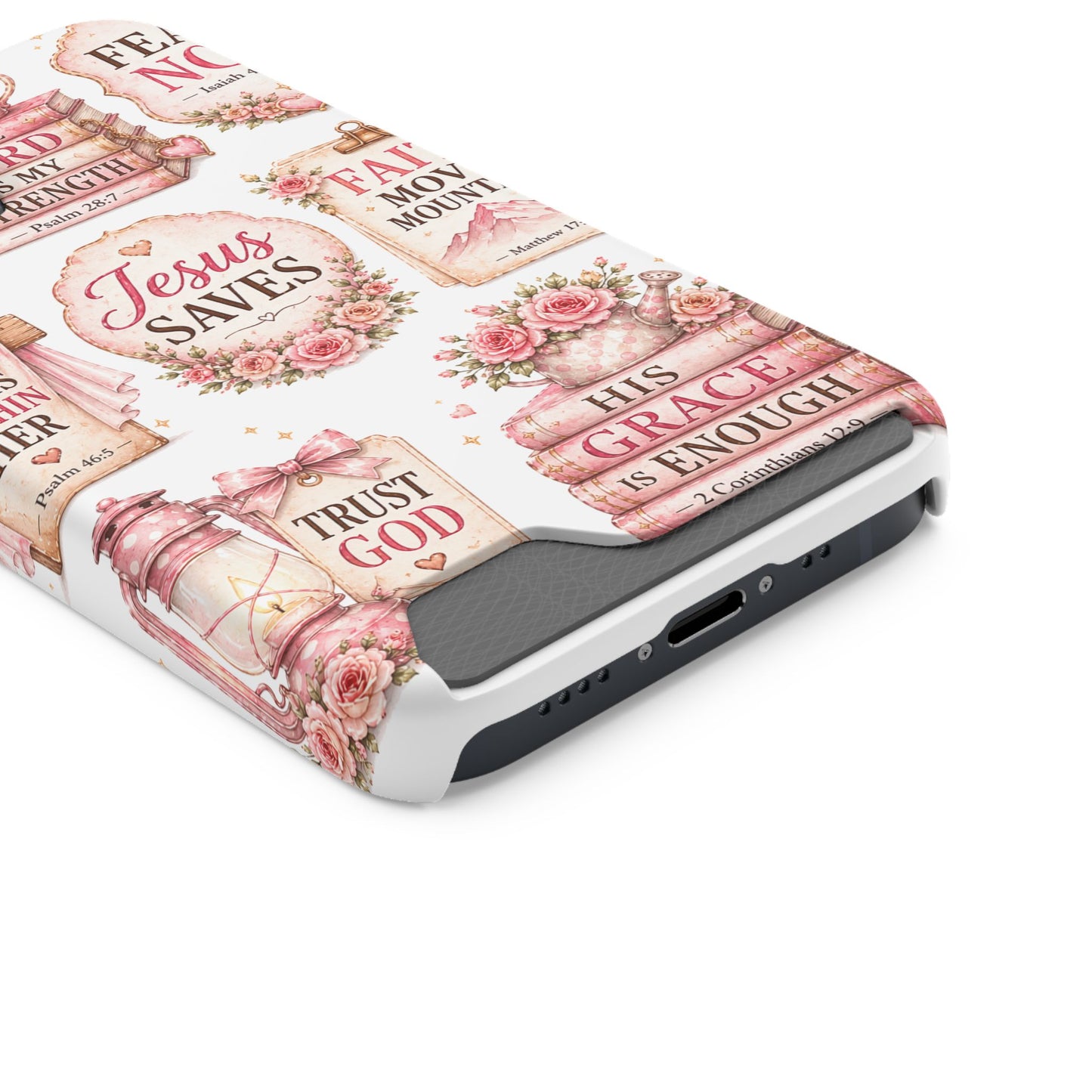 Christian Phone Case with Card Holder — 'Jesus Saves' Floral Scripture Design