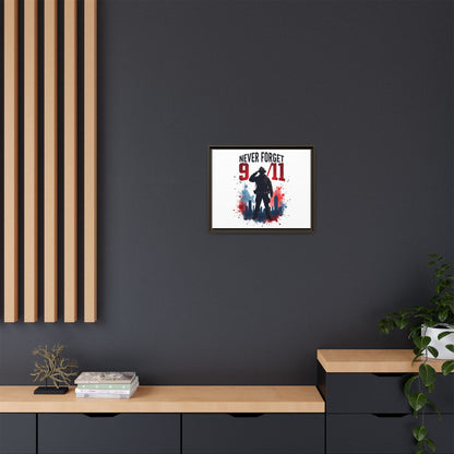 Never Forget 9/11 Framed Canvas Print — Patriotic Firefighter Memorial Art