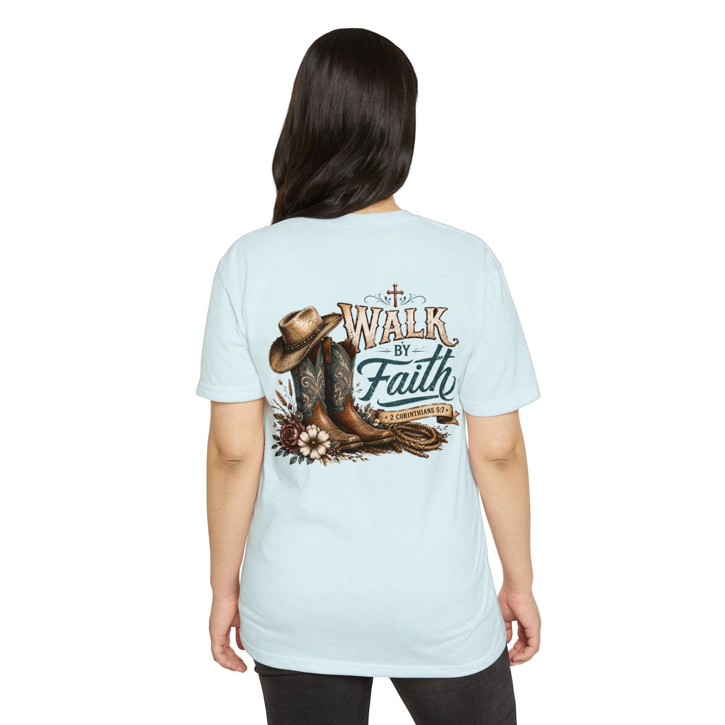 Walk By Faith T-Shirt — Christian Cowboy Boots & Hat Graphic Tee