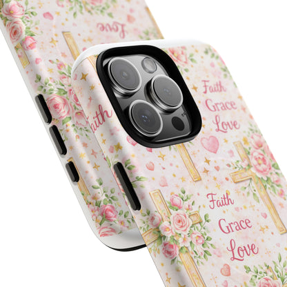 Christian Floral Cross Phone Case — "Faith Grace Love" Tough Magnetic Case