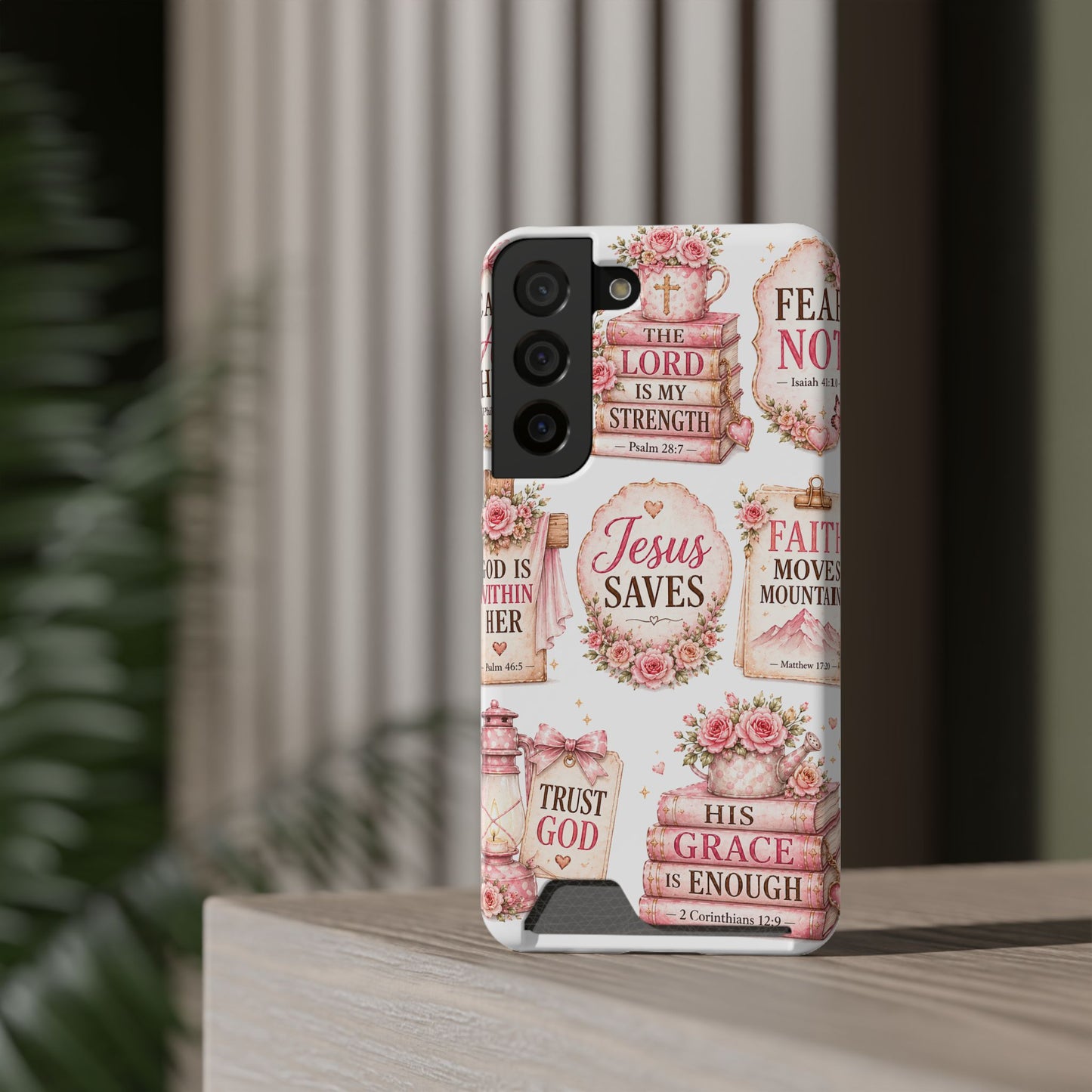 Christian Phone Case with Card Holder — 'Jesus Saves' Floral Scripture Design
