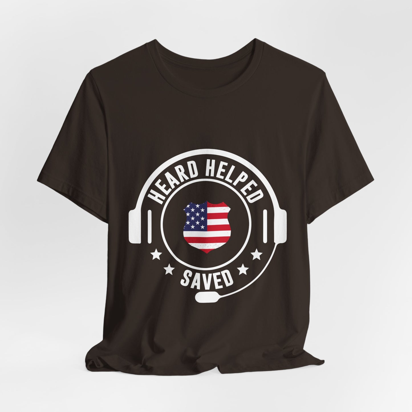 Headset Logo T-Shirt — "Heard Helped Saved" American Flag Design