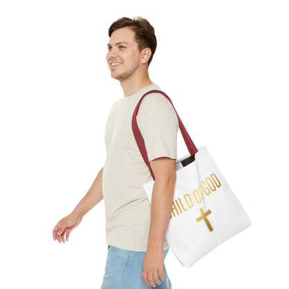 Child of God Tote Bag — Gold Cross Religious Canvas Tote