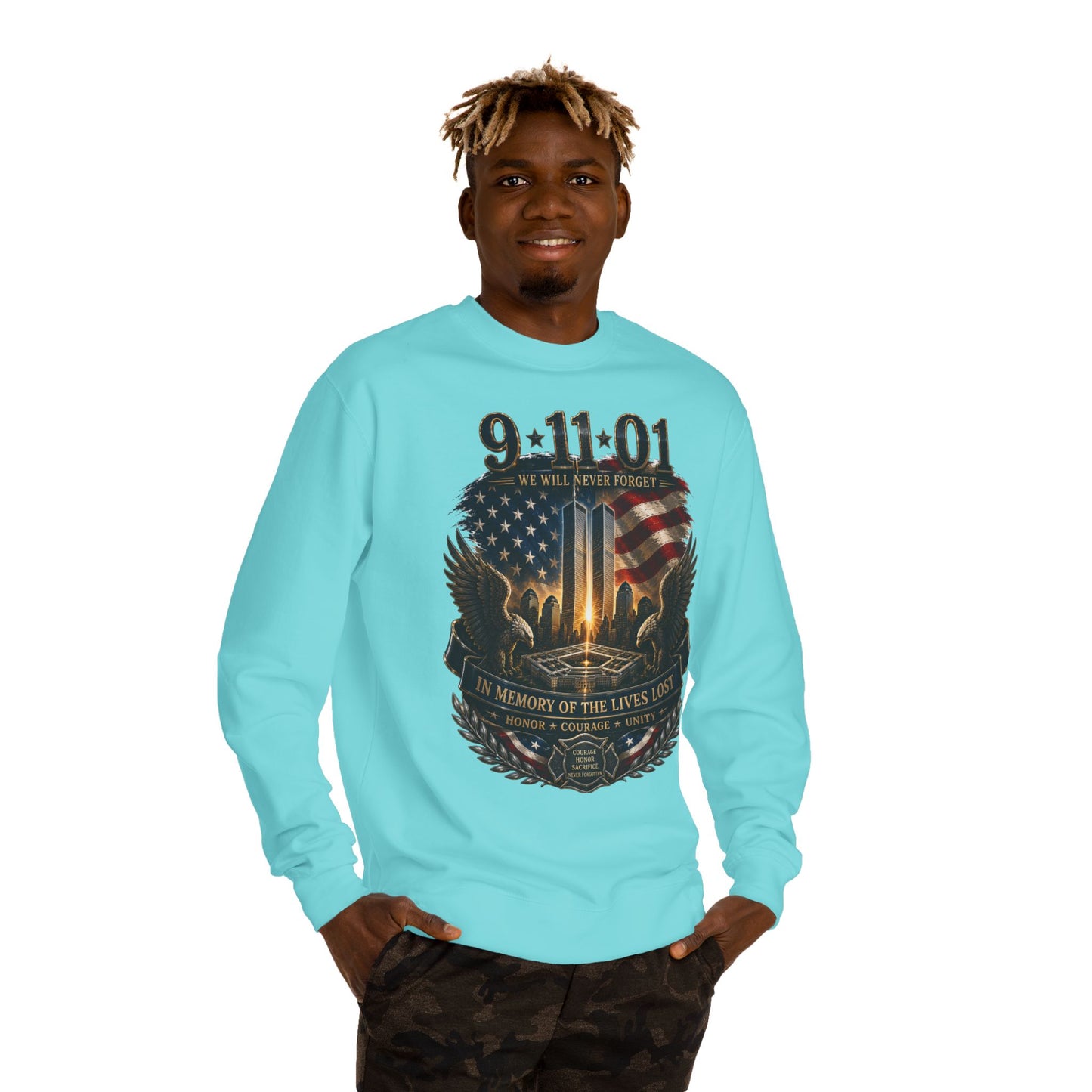 9/11 Memorial Sweatshirt – 'We Will Never Forget' Twin Towers Tribute Crewneck