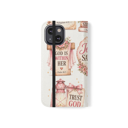 Christian Floral Phone Flip Case — "Jesus Saves" & Inspirational Scripture Wallet Cover