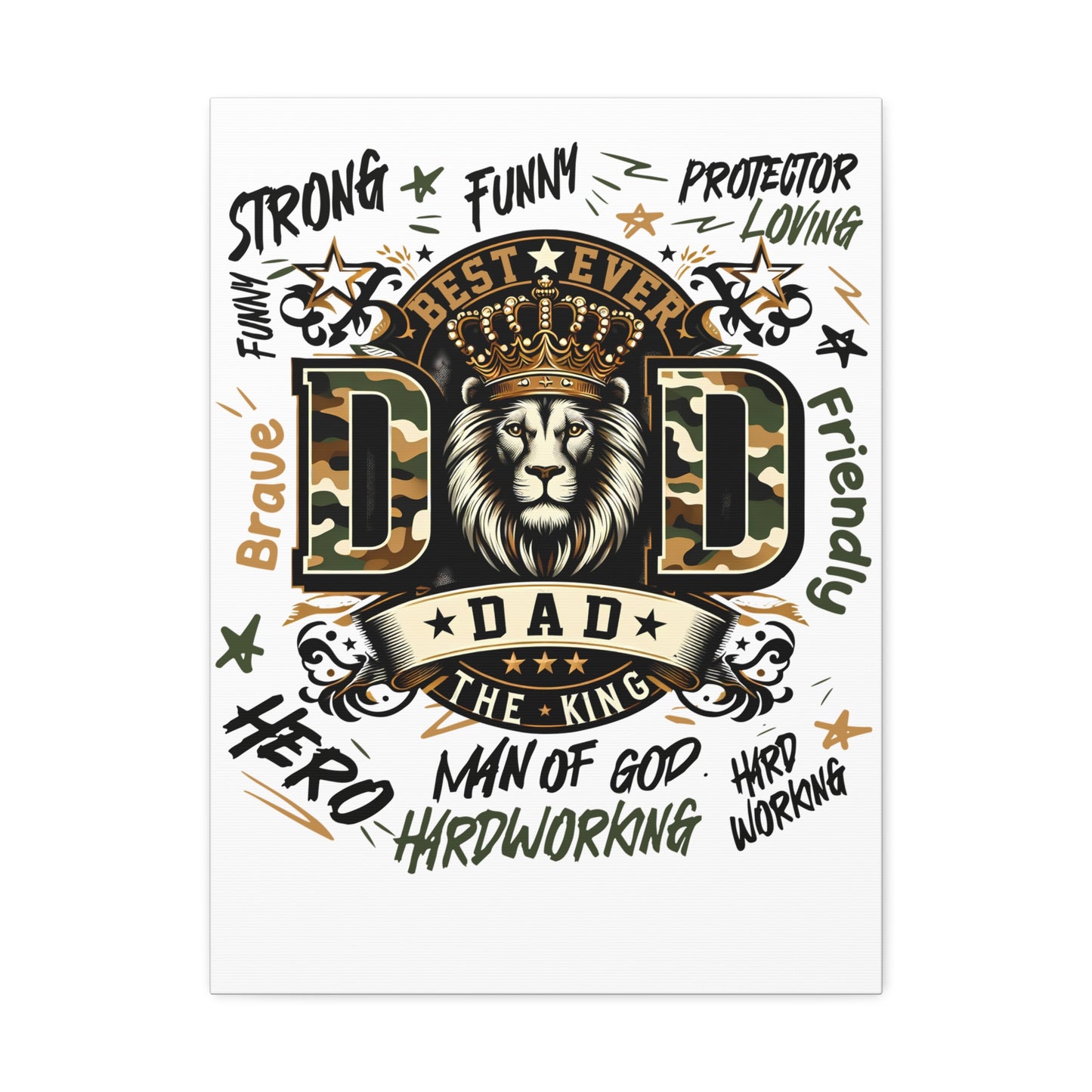 Dad The King Stretched Canvas Wall Art — 'Best Ever Dad' Lion Crown Father’s Day Gift