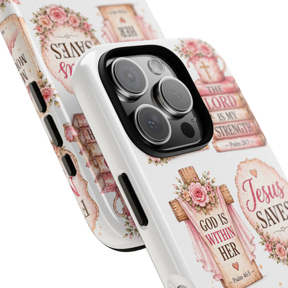 Christian Phone Case — Jesus Saves Floral Tough Case with 'God Is Within Her' & 'Trust God' Design