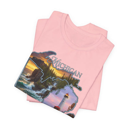 Michigan Scenic Map T-Shirt — Great Lakes Lighthouse Sunset Tee