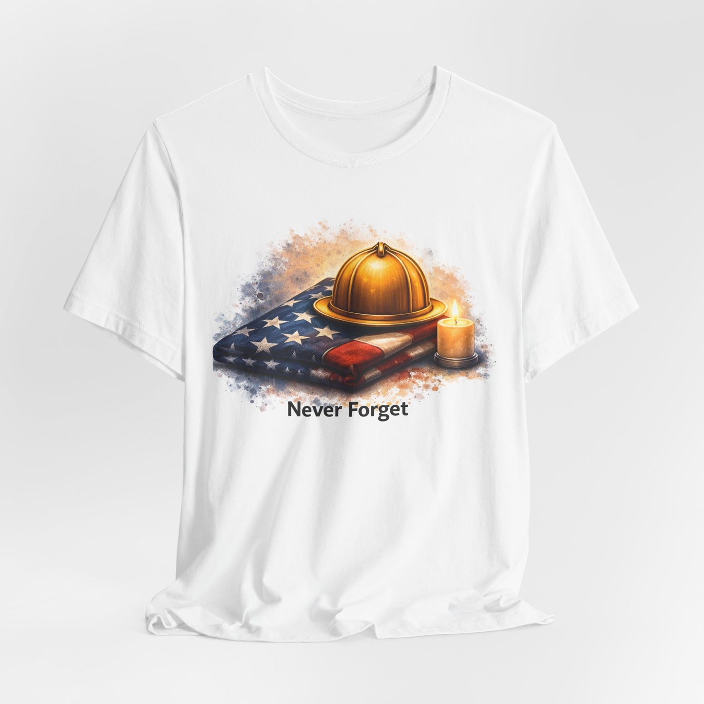 Never Forget Memorial T‑Shirt — Firefighter Helmet & Flag Tribute