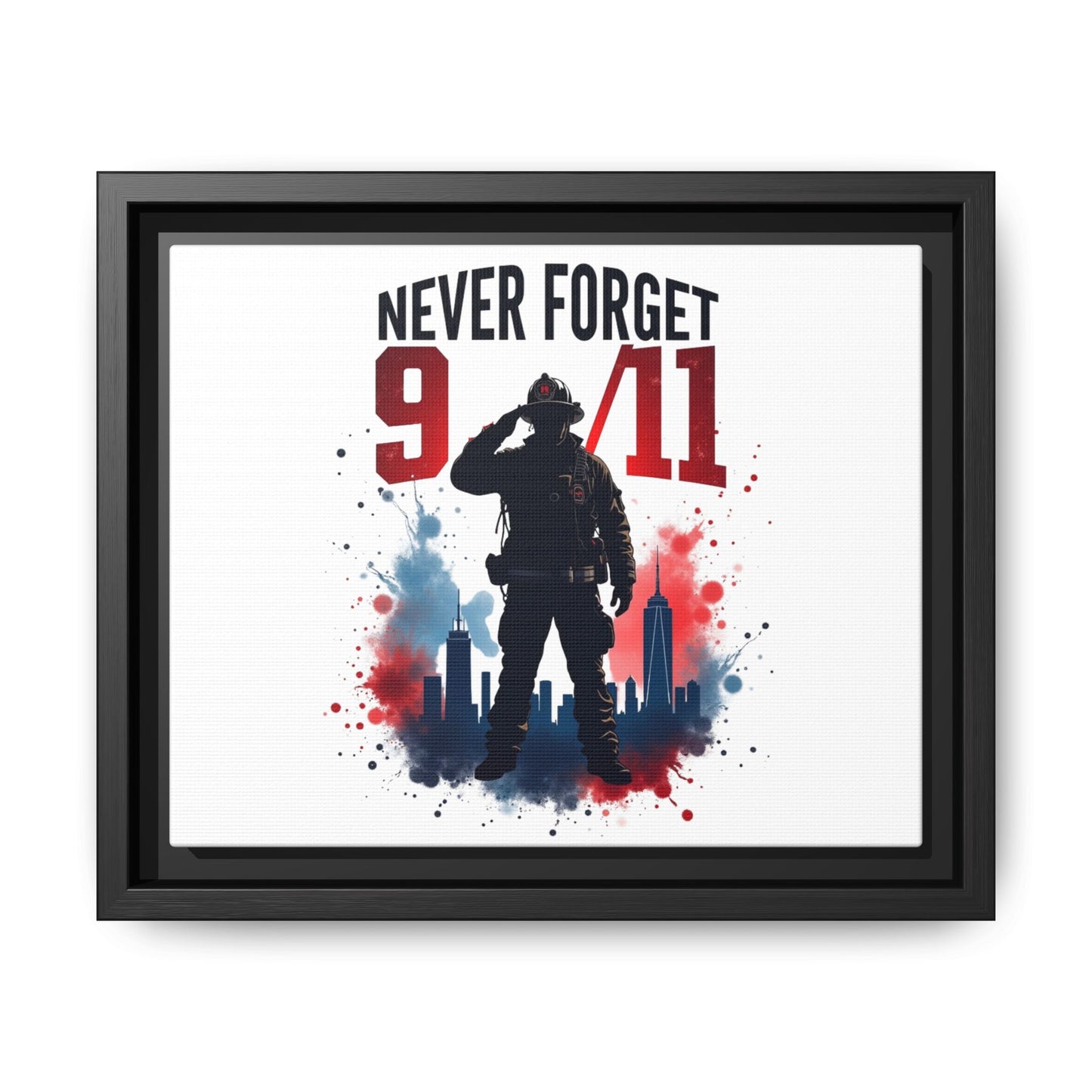 Never Forget 9/11 Framed Canvas Print — Patriotic Firefighter Memorial Art