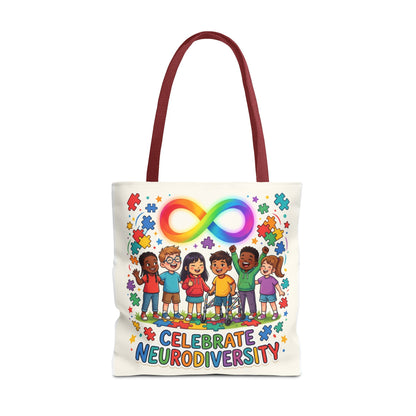 Celebrate Neurodiversity Tote Bag — Rainbow Infinity Symbol & Kids Design
