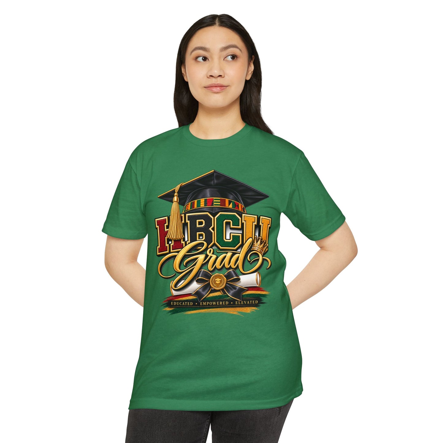 HBCU Grad T-Shirt — Black Graduation Cap & Kente Design