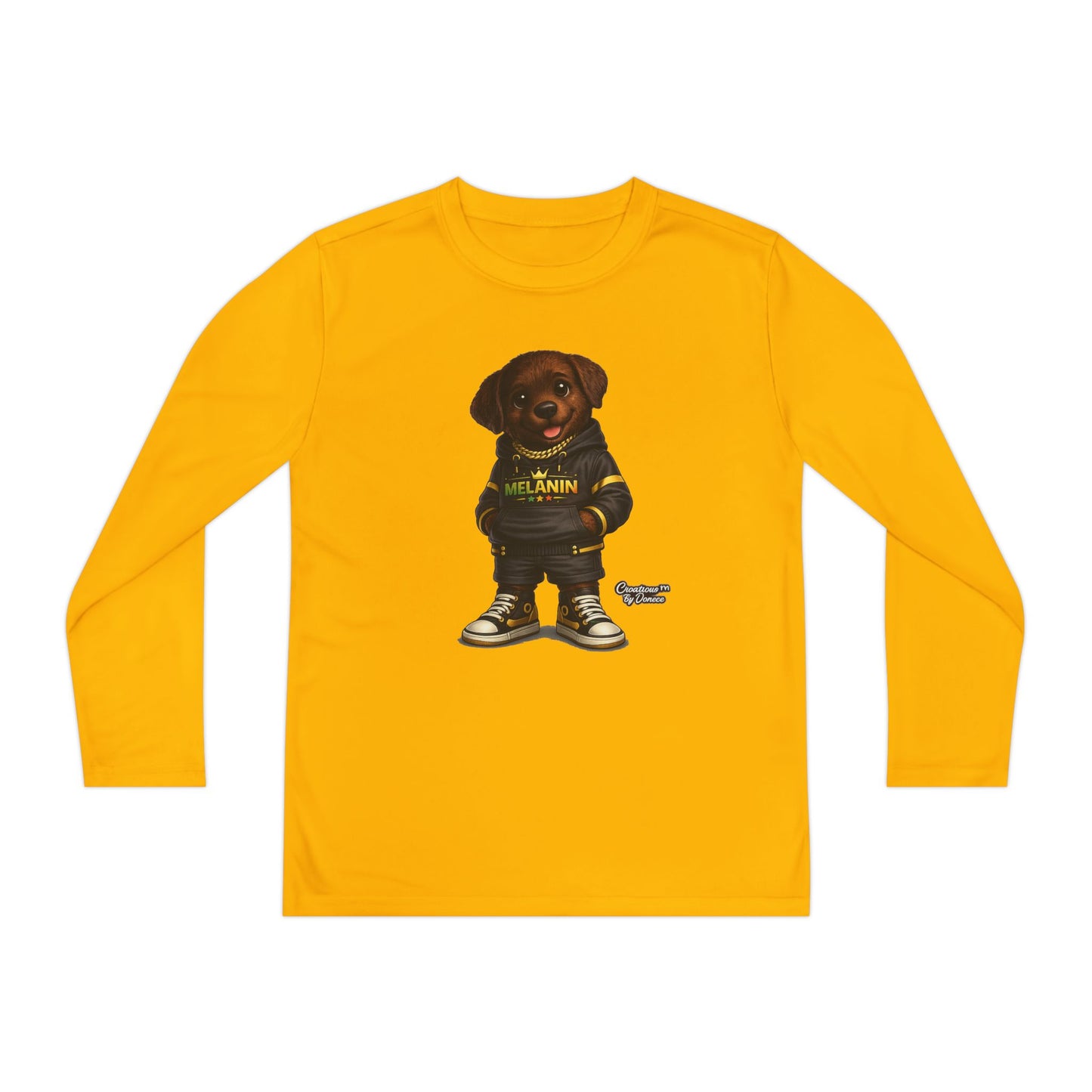 Youth Long Sleeve Tee — Cute Rottweiler Pup Graphic "Melanin" Hoodie Design