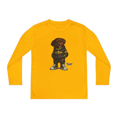 Youth Long Sleeve Tee — Cute Rottweiler Pup Graphic "Melanin" Hoodie Design