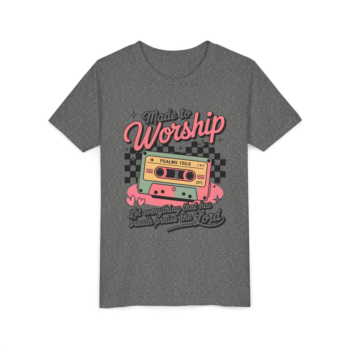 Made to Worship Youth Tee – Retro Cassette Christian Kids Shirt (Psalms 100:4)
