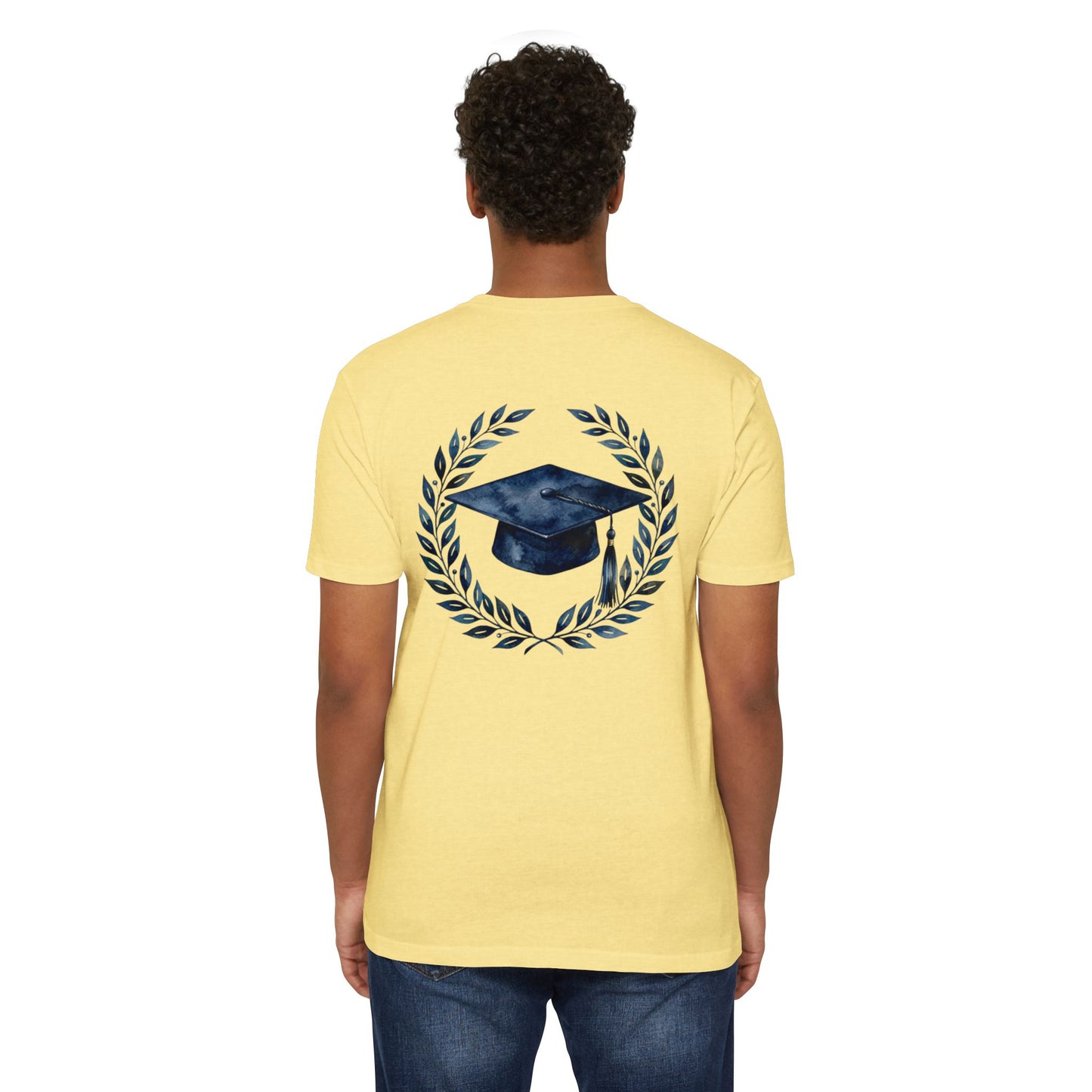 Graduation Cap Laurel T-Shirt — Navy Watercolor Grad Tee